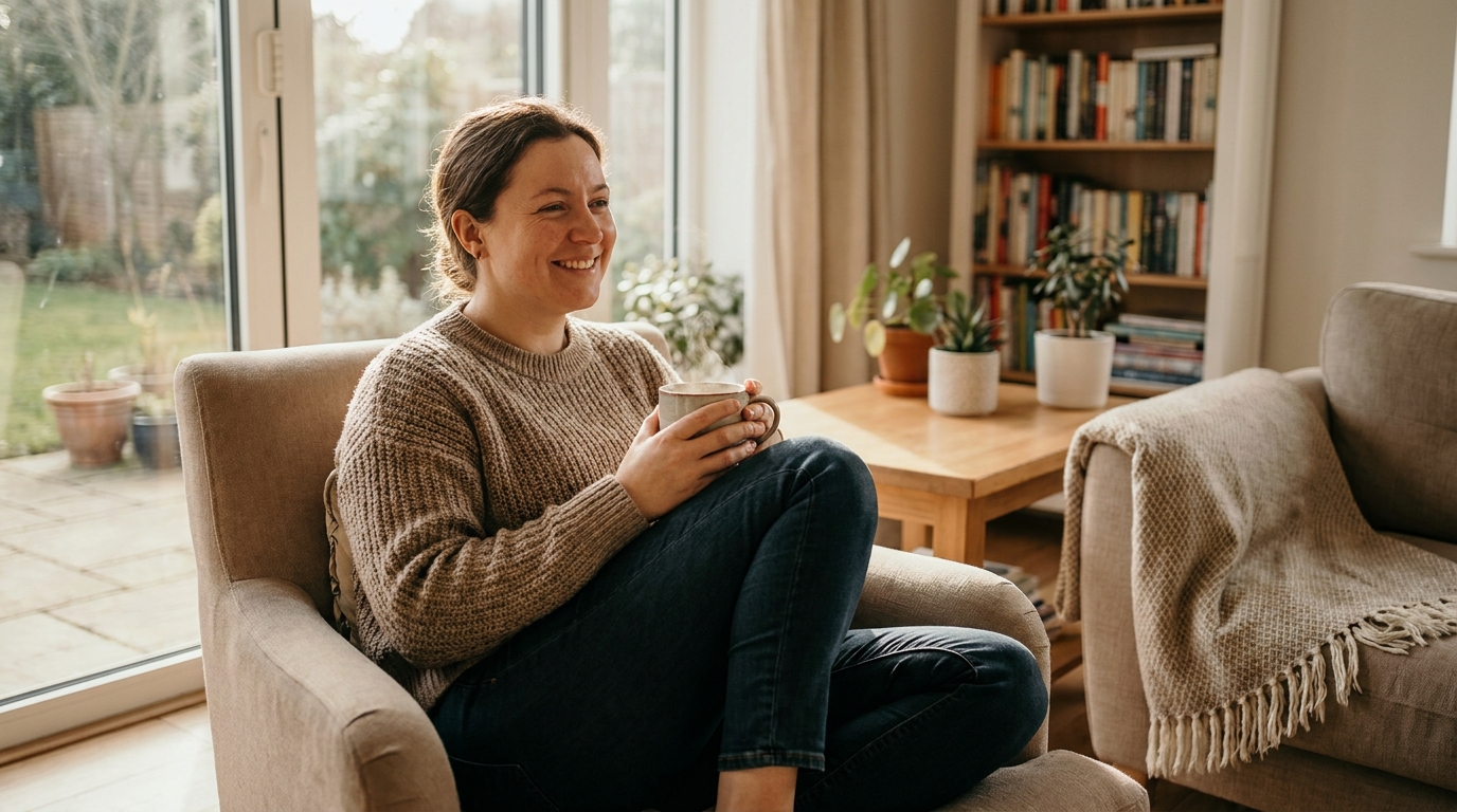Woman sitting comfortably in a living room holding a mug and smiling, representing a calm, supportive environment for trauma therapy and EMDR treatment.