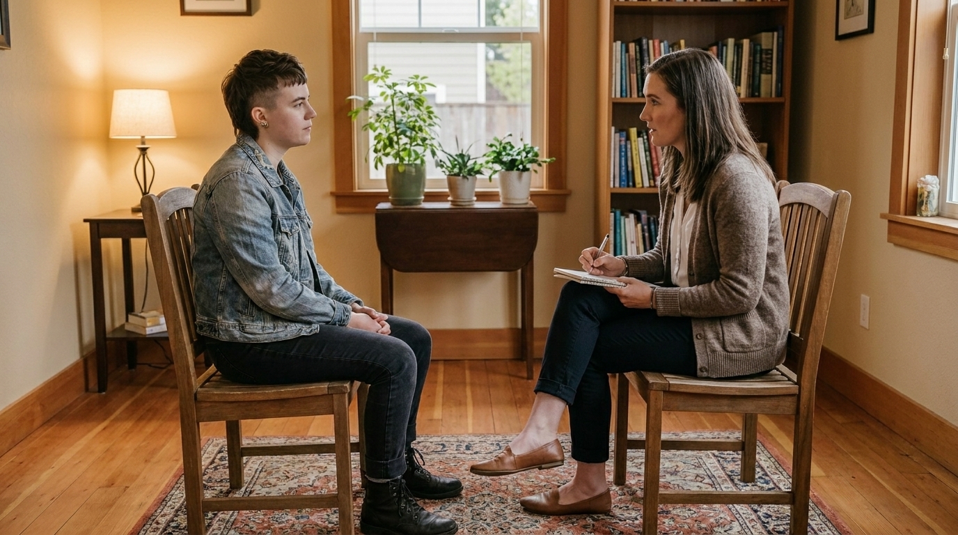 Mental health therapist meeting with a transgender client during an individual counseling session, representing affirming therapy and compassionate mental health care in Portland