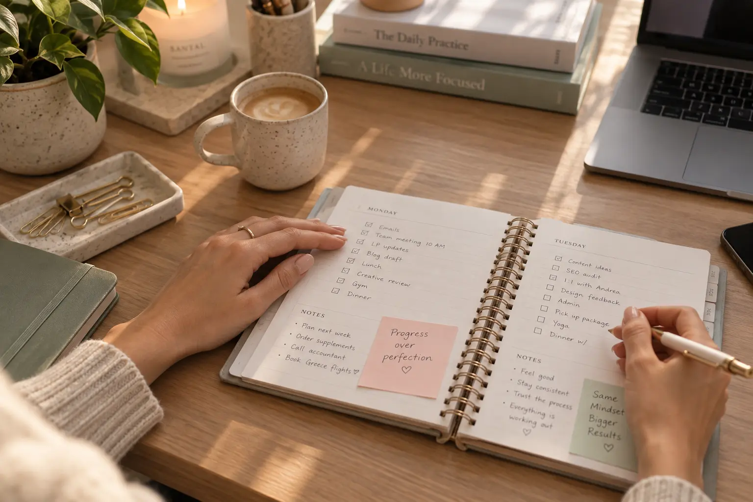 Person using a written planner and checklist to organize daily tasks and support working memory