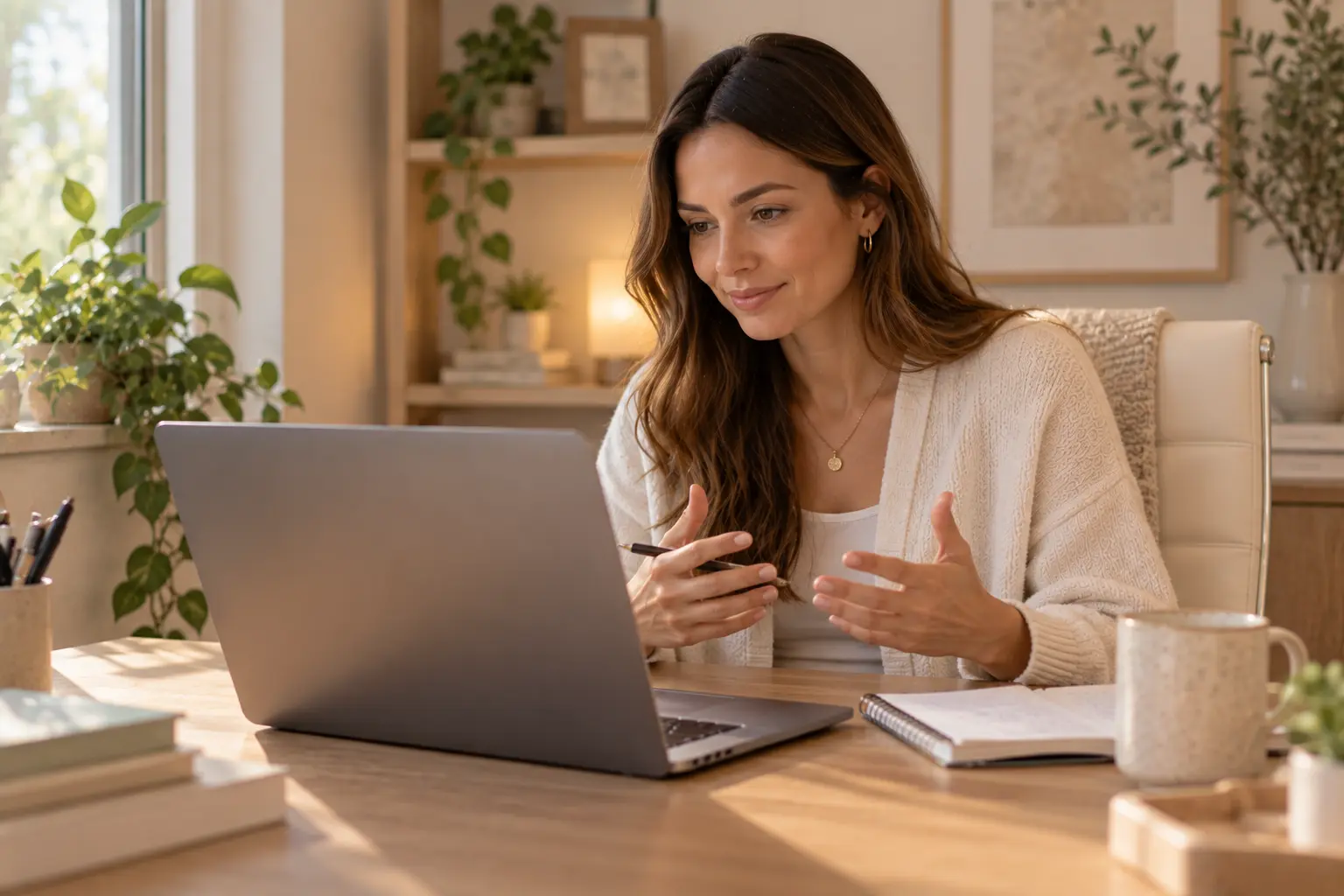 Woman speaking with a mental health provider during a telehealth appointment from home Woman speaking with a mental health provider during a telehealth appointment from home